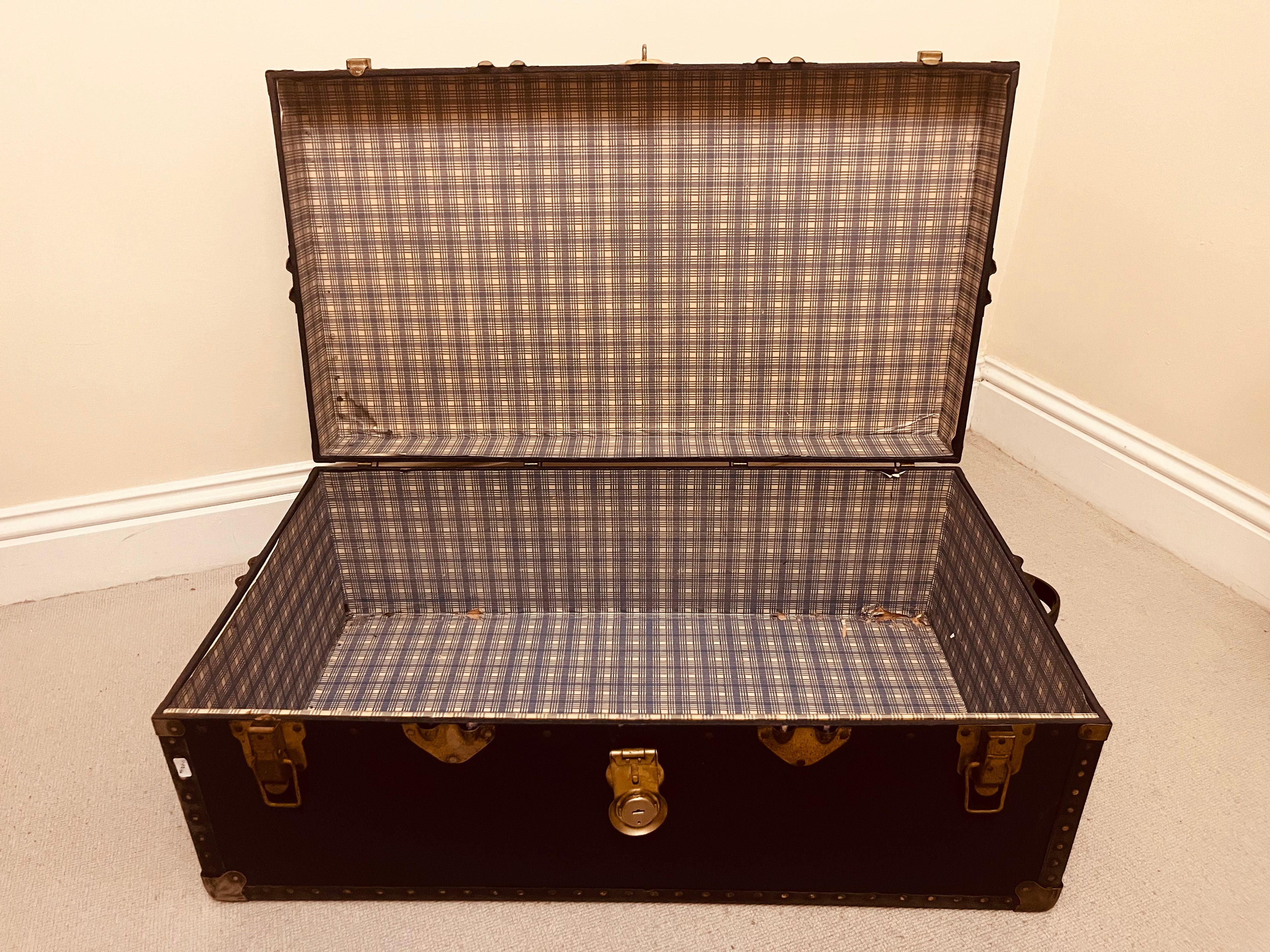 Pair of Vintage Travel Trunks – Tan Leather & Black Metal Storage Chests – Retro Luggage by The Proudlove Studio