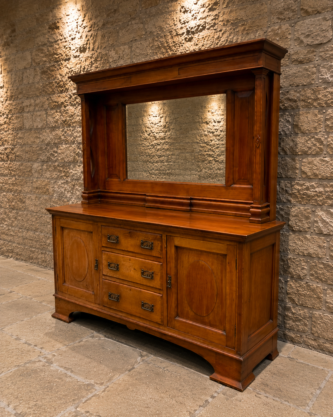 Antique Victorian Walnut Mirrored Sideboard – Edwardian Buffet Cabinet with Marble-Style Mirror Back
