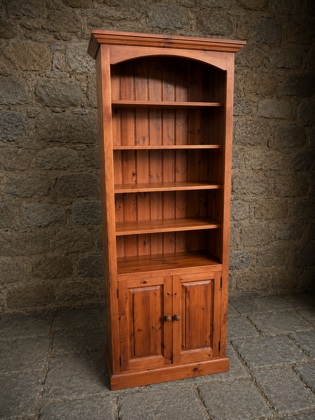 Rustic Solid Pine Bookcase Cabinet with Cupboard Storage