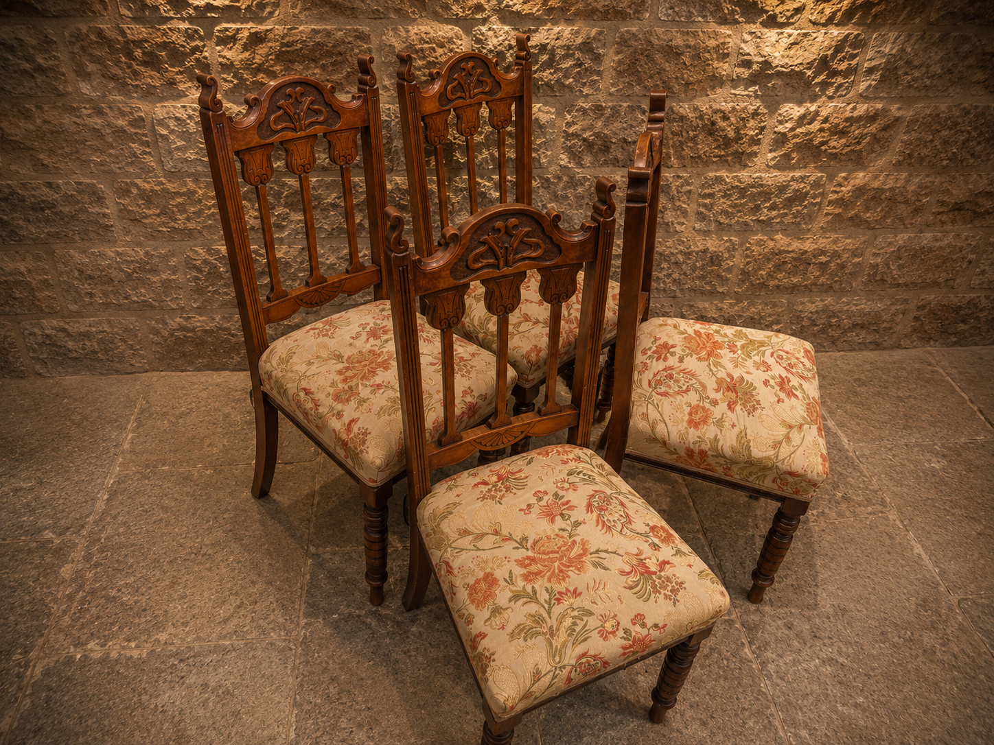 Antique Set of 4 Late Victorian Carved Dining Chairs | Ornate Upholstered High Back Chairs