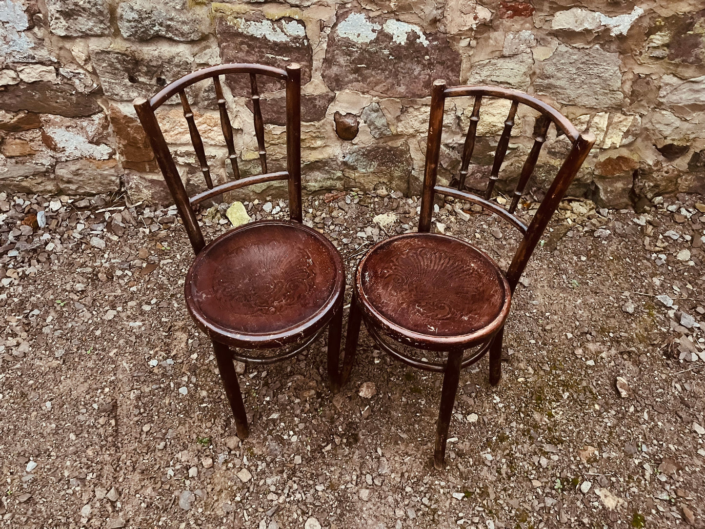 Pair of Vintage Bentwood Café Chairs with Embossed Seats