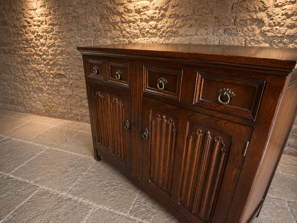 Solid Oak Gothic Revival Sideboard | Vintage English Oak Buffet Cabinet | Rustic Farmhouse Storage Cabinet | Tudor Style Sideboard