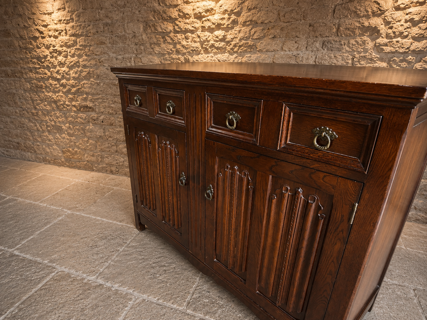Solid Oak Gothic Revival Sideboard | Vintage English Oak Buffet Cabinet | Rustic Farmhouse Storage Cabinet | Tudor Style Sideboard