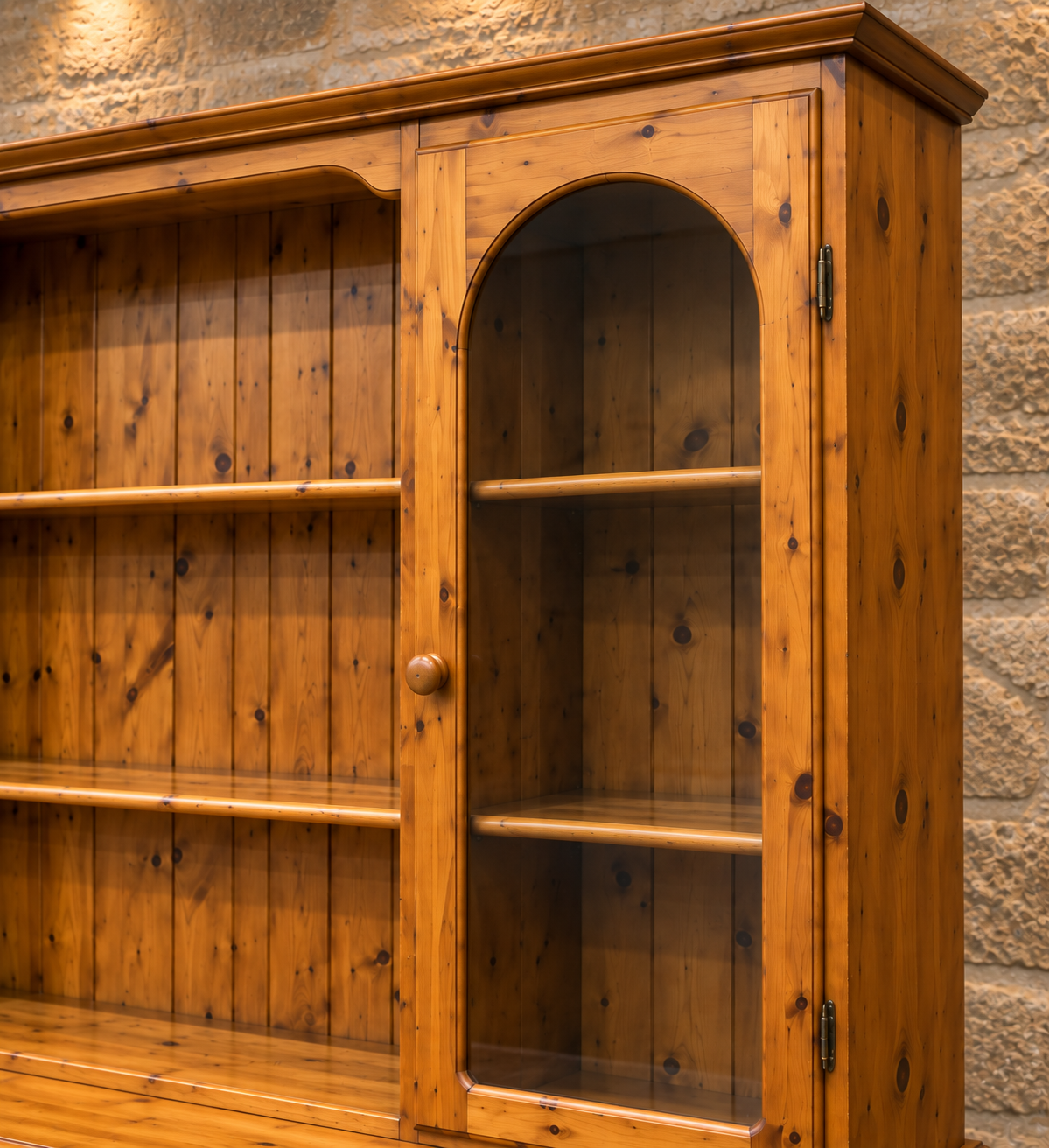 Vintage pine farmhouse dresser with glazed cupboards
