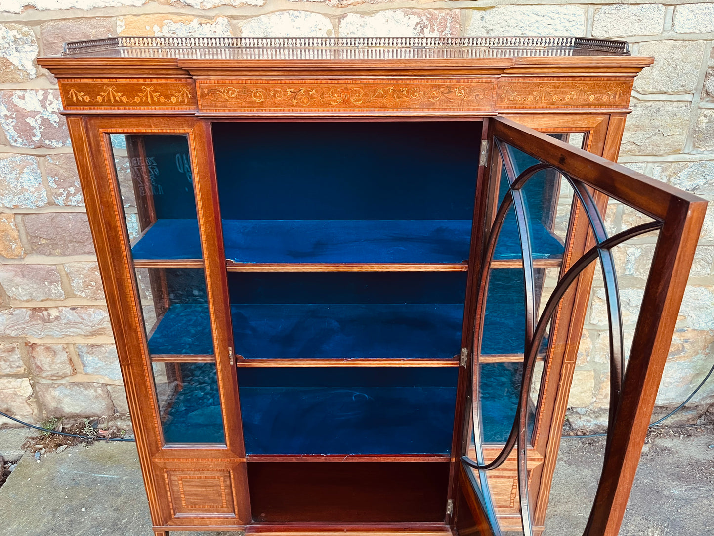 Edwardian Inlaid Display Cabinet with Astragal Glazed Door & Velvet Interior – Antique Marquetry Curio Cabinet