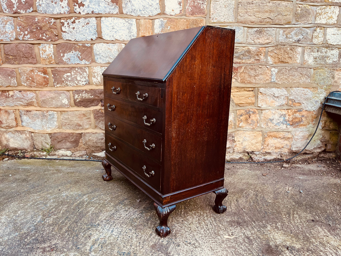Mahogany Bureau Writing Desk with Drop Front & Ball & Claw Feet – Vintage Home Office Storage (c.1920–1940)