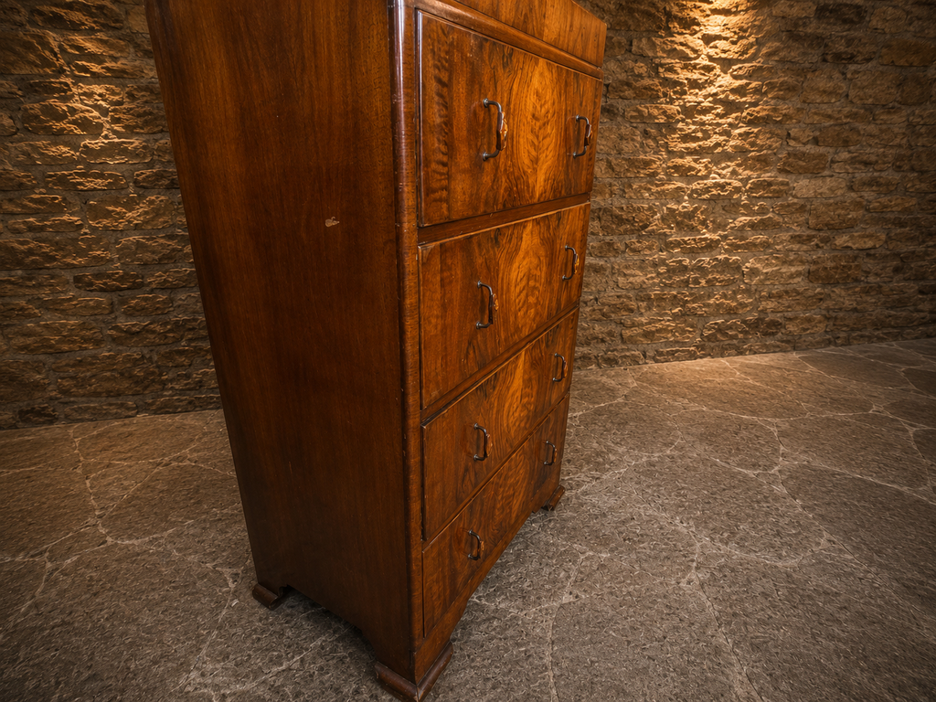 Art Deco Figured Walnut Tallboy Chest of Drawers | 1930s English Walnut Bedroom Chest | Antique Walnut Chest | Vintage Art Deco Furniture