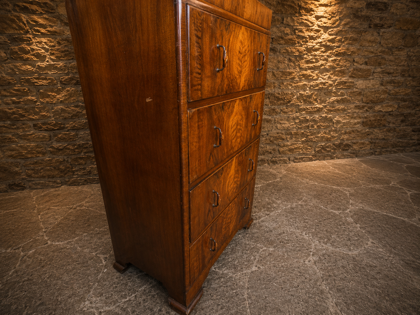 Art Deco Figured Walnut Tallboy Chest of Drawers | 1930s English Walnut Bedroom Chest | Antique Walnut Chest | Vintage Art Deco Furniture