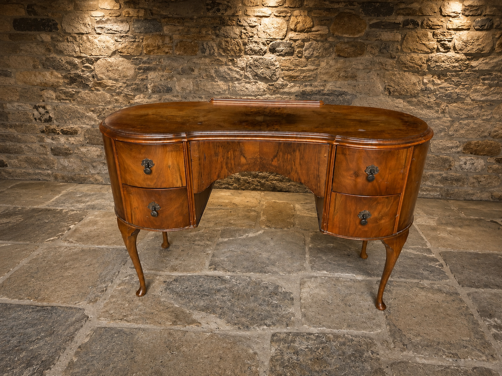 Antique Queen Anne Revival Walnut Kneehole Desk | 1930s Walnut Writing Desk | Vintage Dressing Table