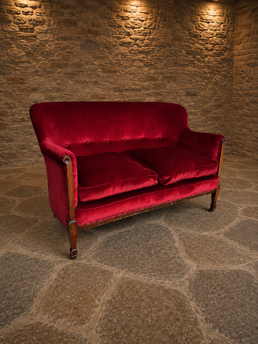 Antique Edwardian Red Velvet Two-Seater Settee – c.1890–1910
