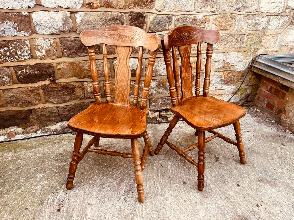 Vintage Farmhouse Solid Wood Kitchen Chairs – Pair of Rustic Country Dining Chairs