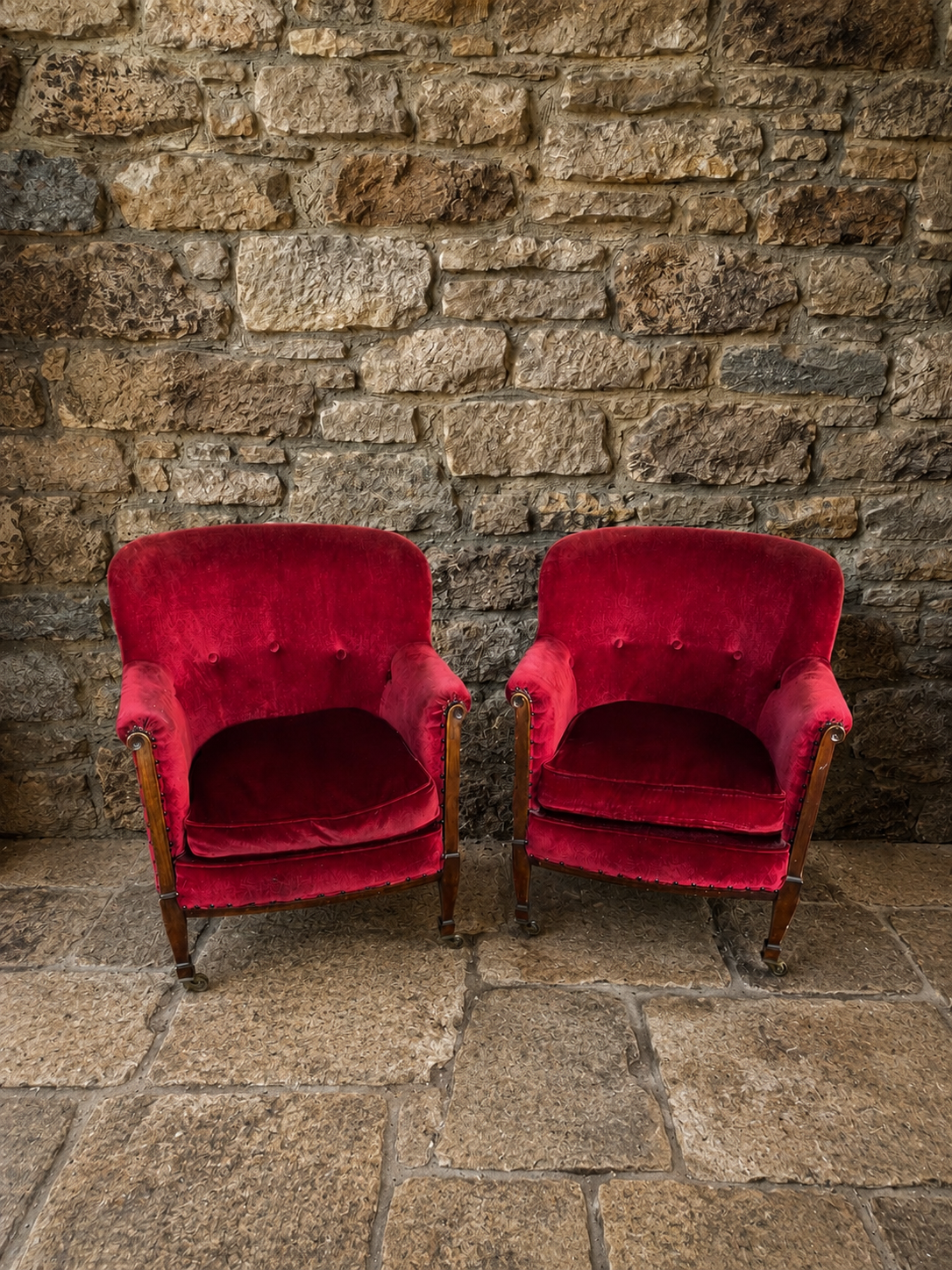 Pair of Antique Edwardian Burgundy Velvet Armchairs c1920