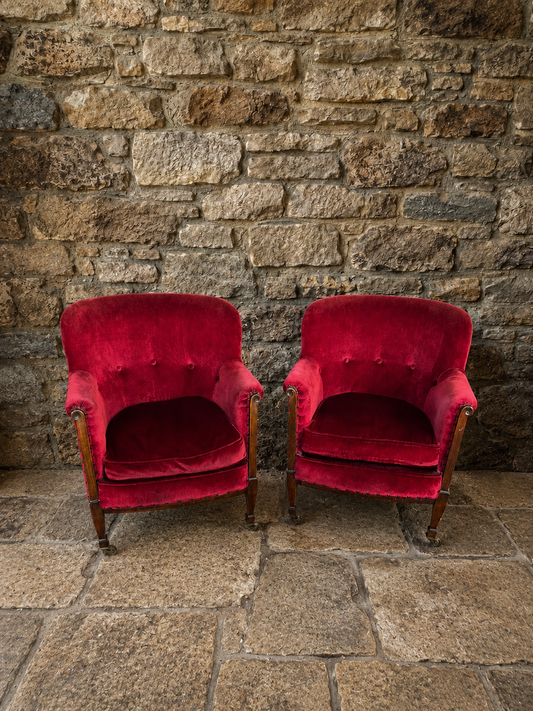 Pair of Antique Edwardian Burgundy Velvet Armchairs c1920