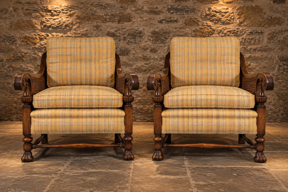 Pair of Antique 1930s Regency Revival Bergère Cane Armchairs
