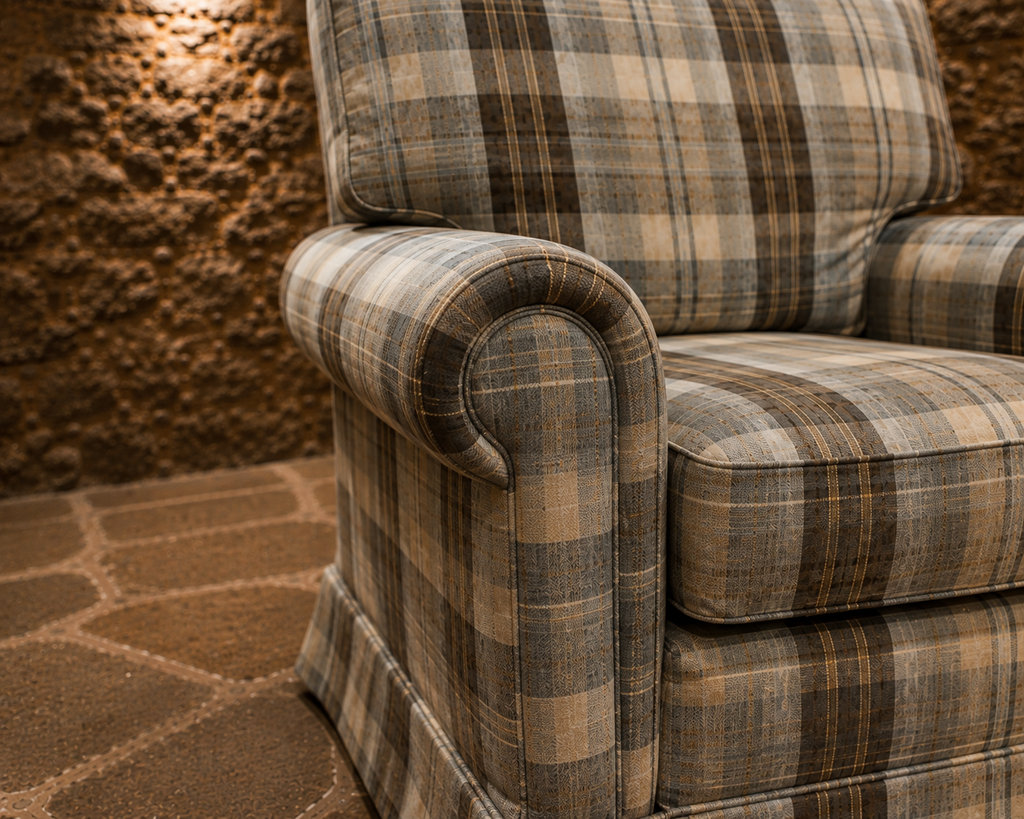 Pair of Vintage Country House Tartan Armchairs – Traditional Roll Arm Lounge Chairs