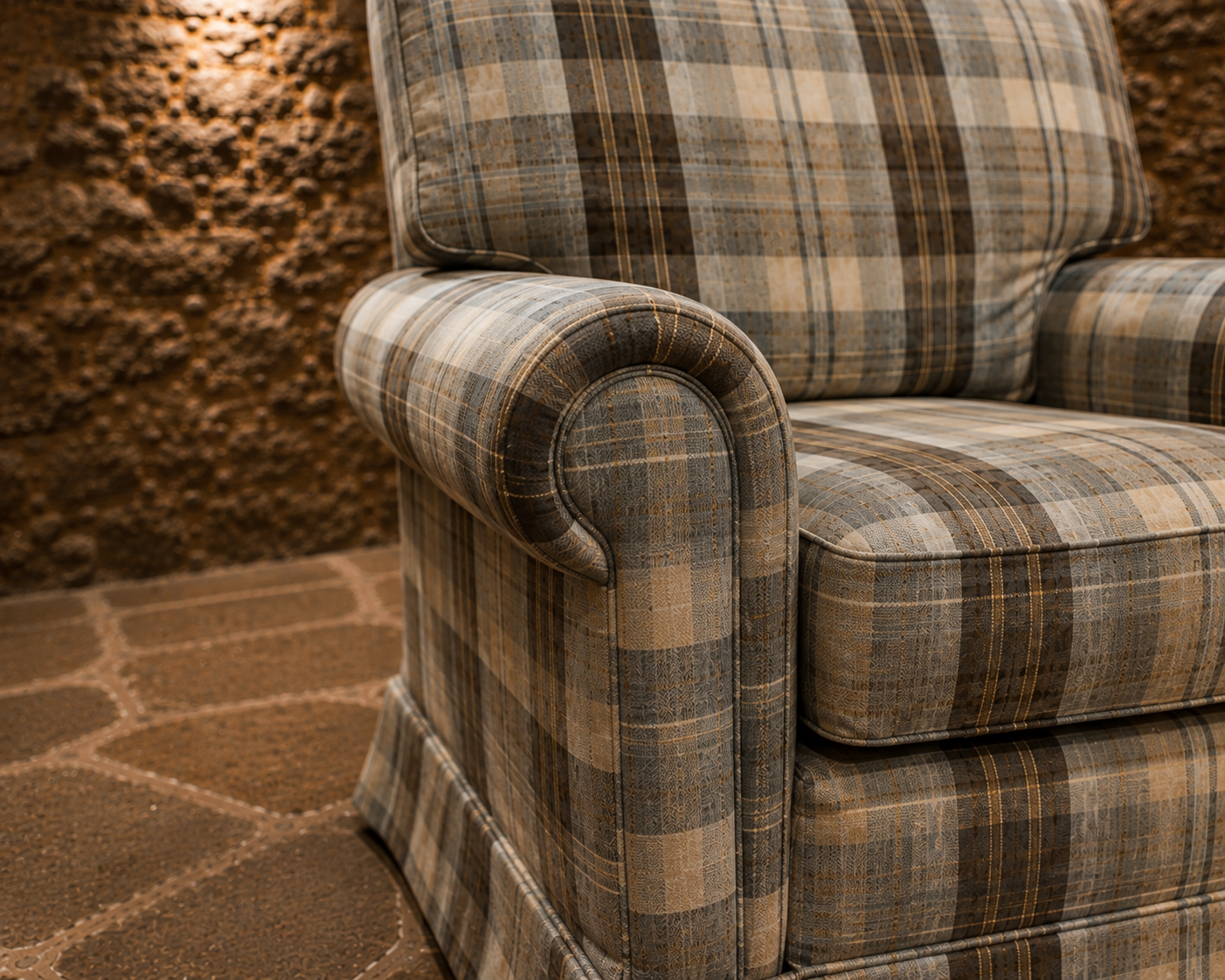 Pair of Vintage Country House Tartan Armchairs – Traditional Roll Arm Lounge Chairs