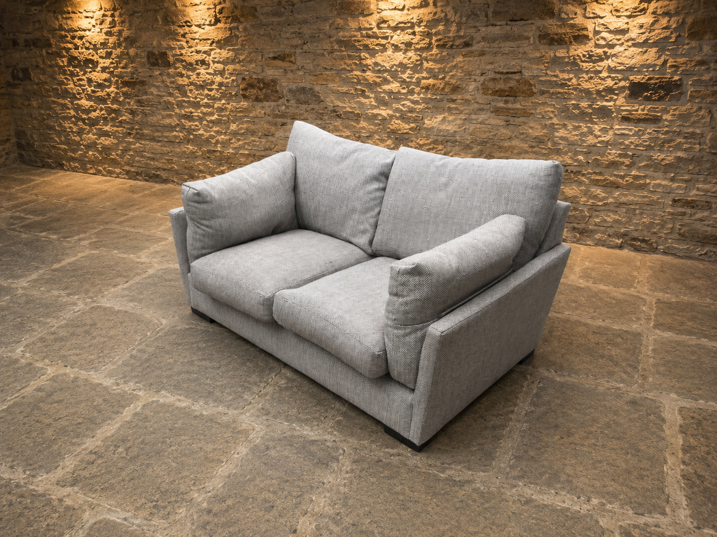 Contemporary Grey Two Seater Snuggler Sofa – Deep Cushioned Textured Fabric Loveseat