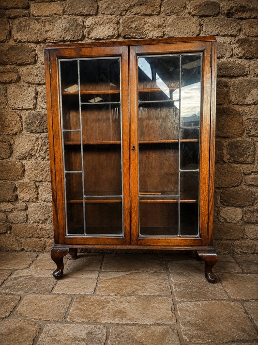 Antique Edwardian Oak Leaded Glass Bookcase c1900