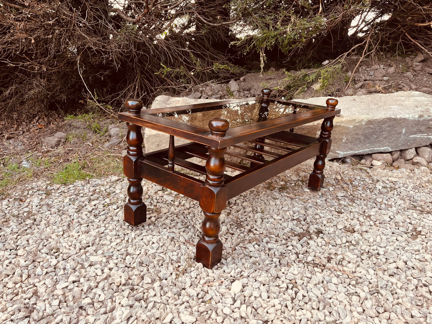 Vintage Mahogany Coffee Table with Glass Top and Shelf
