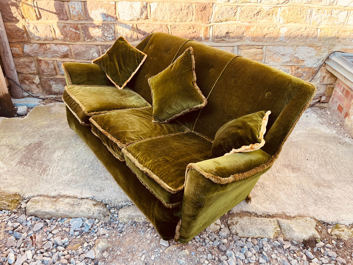 Vintage Olive Green Velvet Sofa – 1970s Three Seater Country House Style