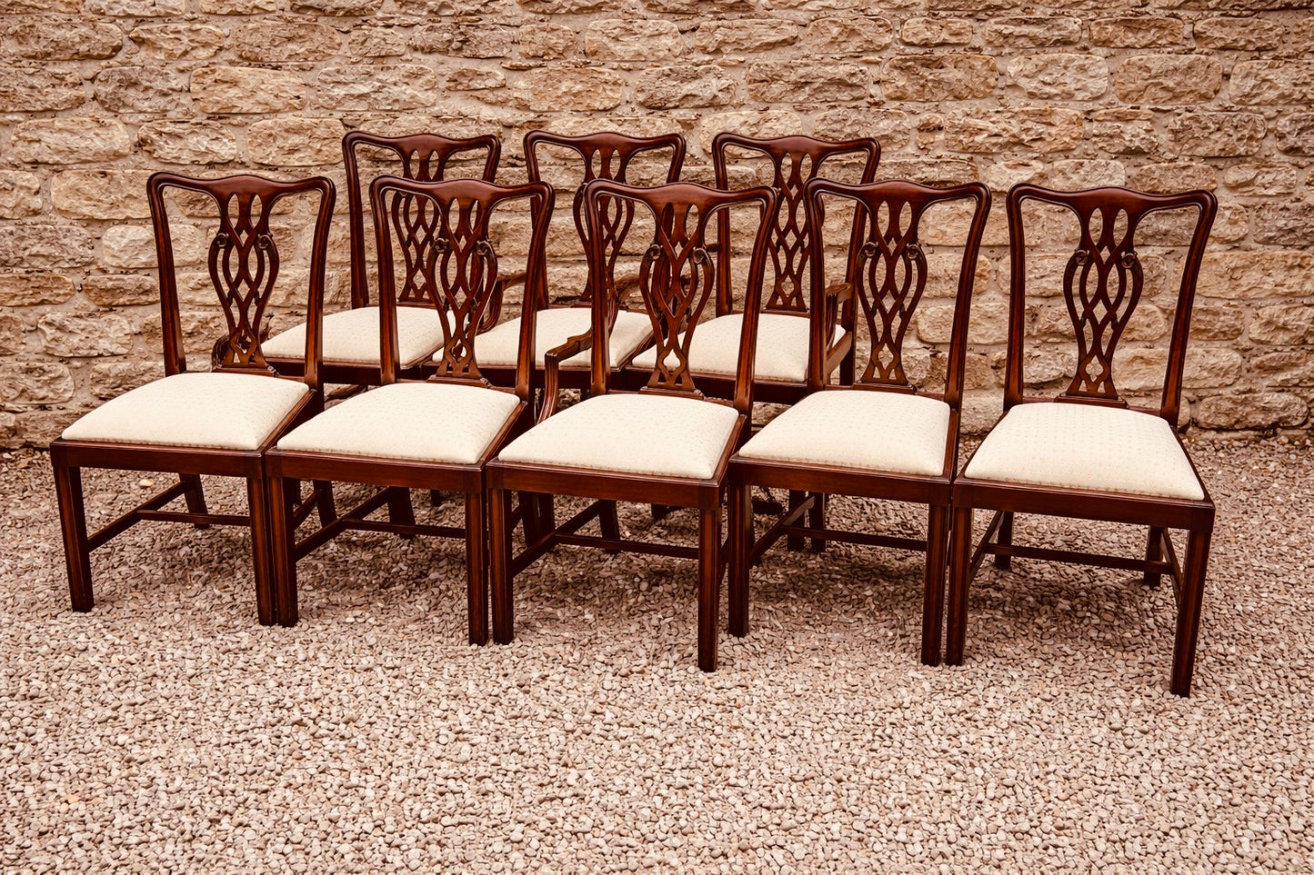 Set of 8 Georgian Style Dining Chairs with 2 Carvers, Vintage Mahogany Chippendale Design (1940s–1960s)