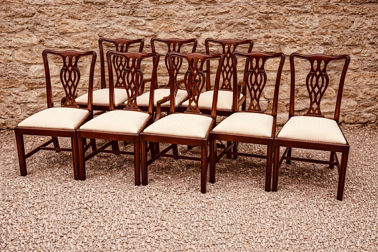 Set of 8 Georgian Style Dining Chairs with 2 Carvers, Vintage Mahogany Chippendale Design (1940s–1960s)