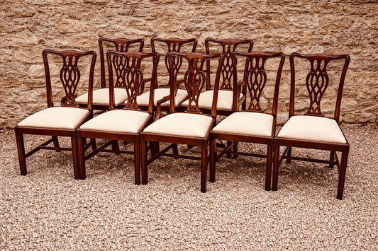 Set of 8 Georgian Style Dining Chairs with 2 Carvers, Vintage Mahogany Chippendale Design (1940s–1960s)