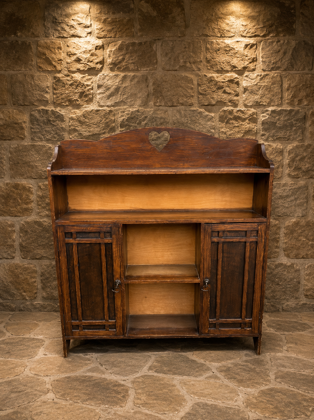 Arts & Crafts Oak Heart Cut-Out Dresser Top Cabinet c.1900–1920