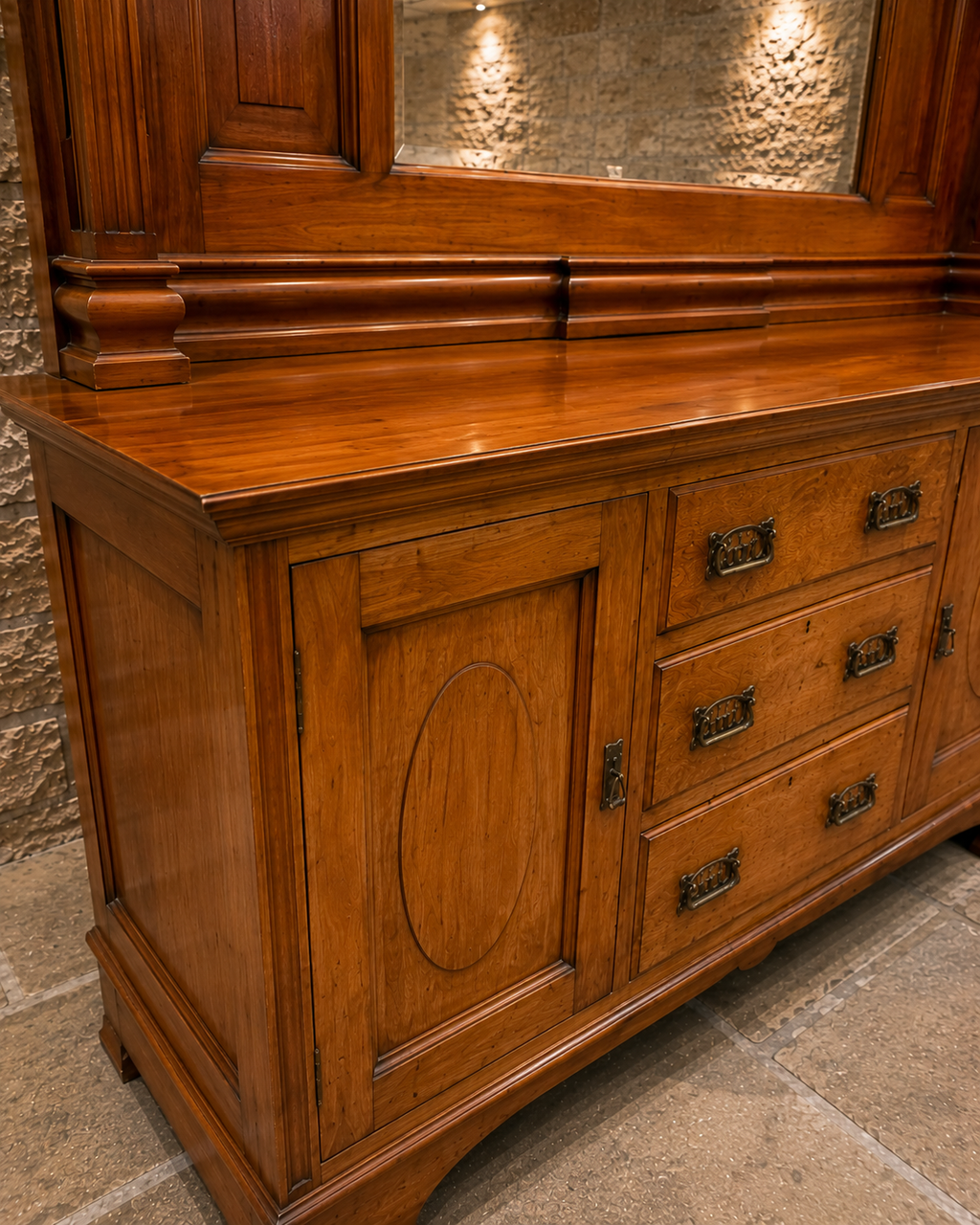 Antique Victorian Walnut Mirrored Sideboard – Edwardian Buffet Cabinet with Marble-Style Mirror Back