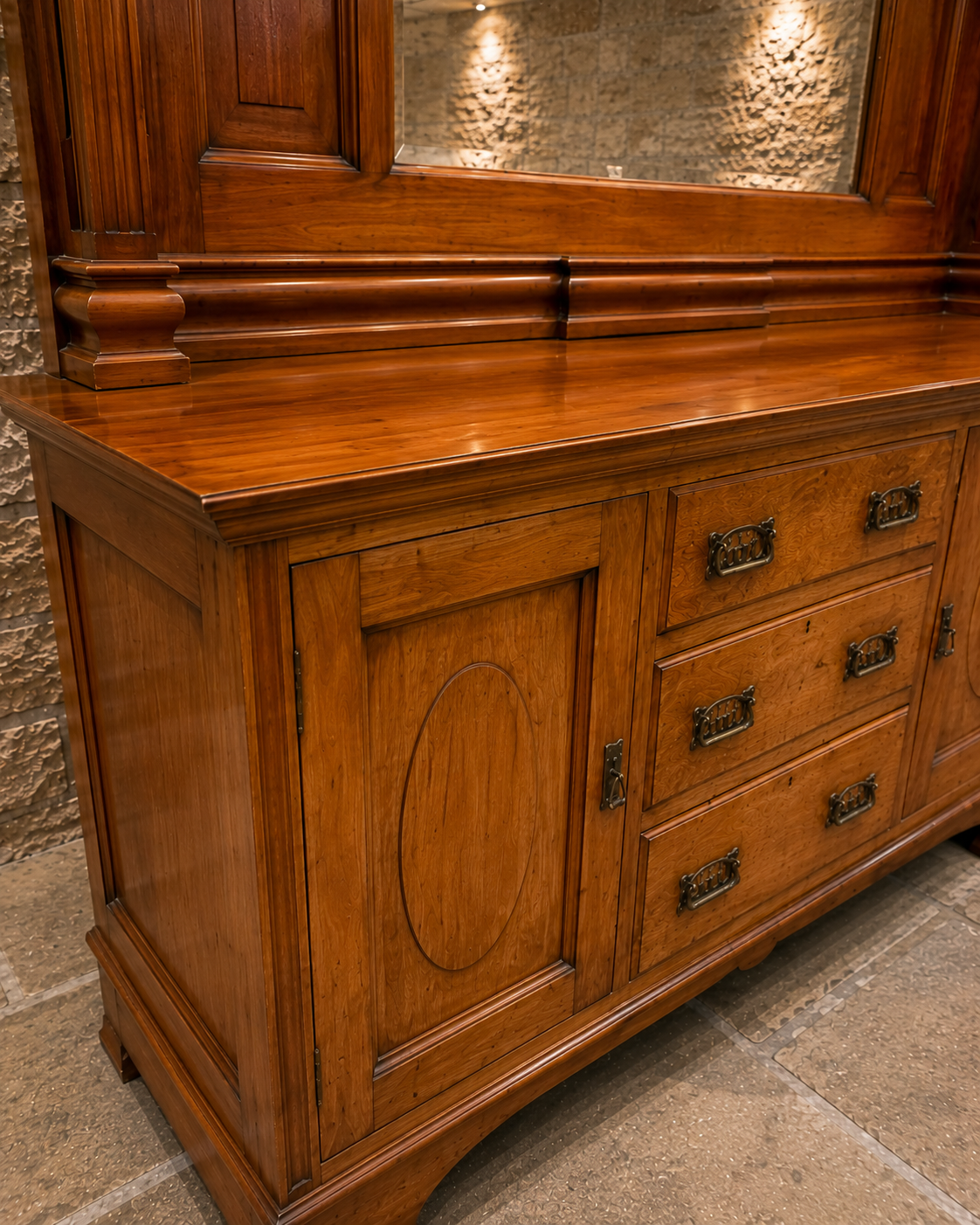 Antique Victorian Walnut Mirrored Sideboard – Edwardian Buffet Cabinet with Marble-Style Mirror Back