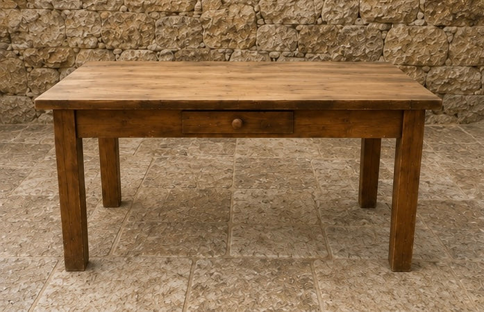 Rustic Farmhouse Pine Dining Table – Vintage Country Kitchen Table With Drawer