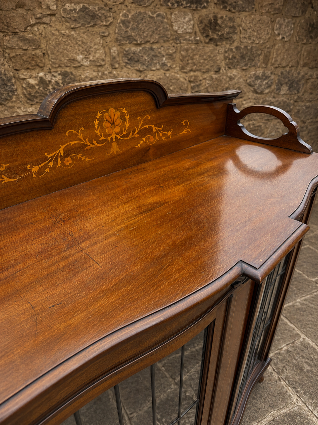 Edwardian Inlaid Mahogany Display Cabinet with Leaded Glass Doors