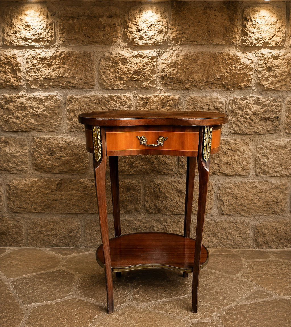 French Louis XVI Style Oval Side Table | Inlaid Lamp Table with Brass Ormolu Mounts
