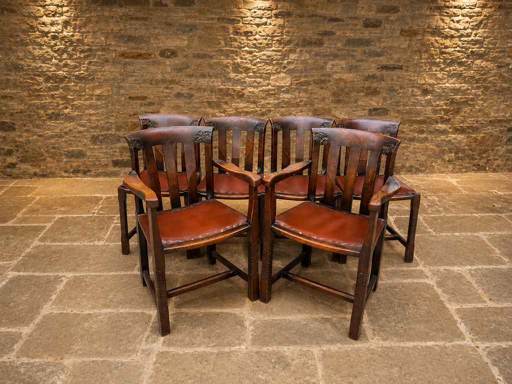 Antique Arts & Crafts Oak Dining Chairs – Set of 6 with Leather Seats & 2 Carvers – c.1890–1910