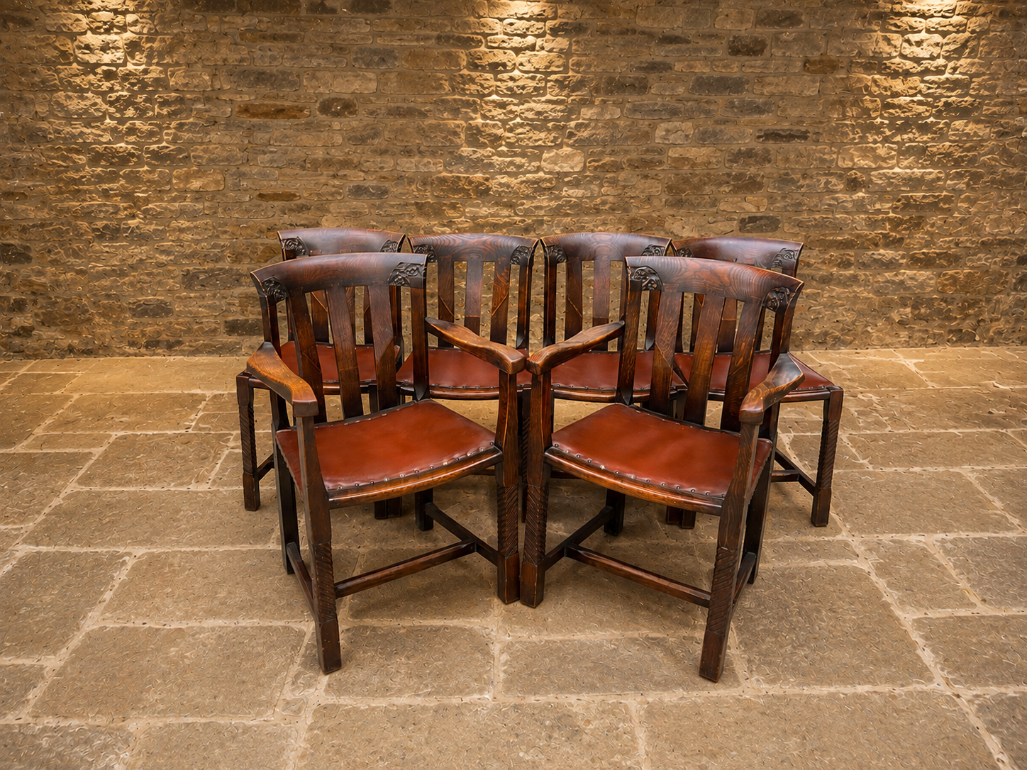Antique Arts & Crafts Oak Dining Chairs – Set of 6 with Leather Seats & 2 Carvers – c.1890–1910
