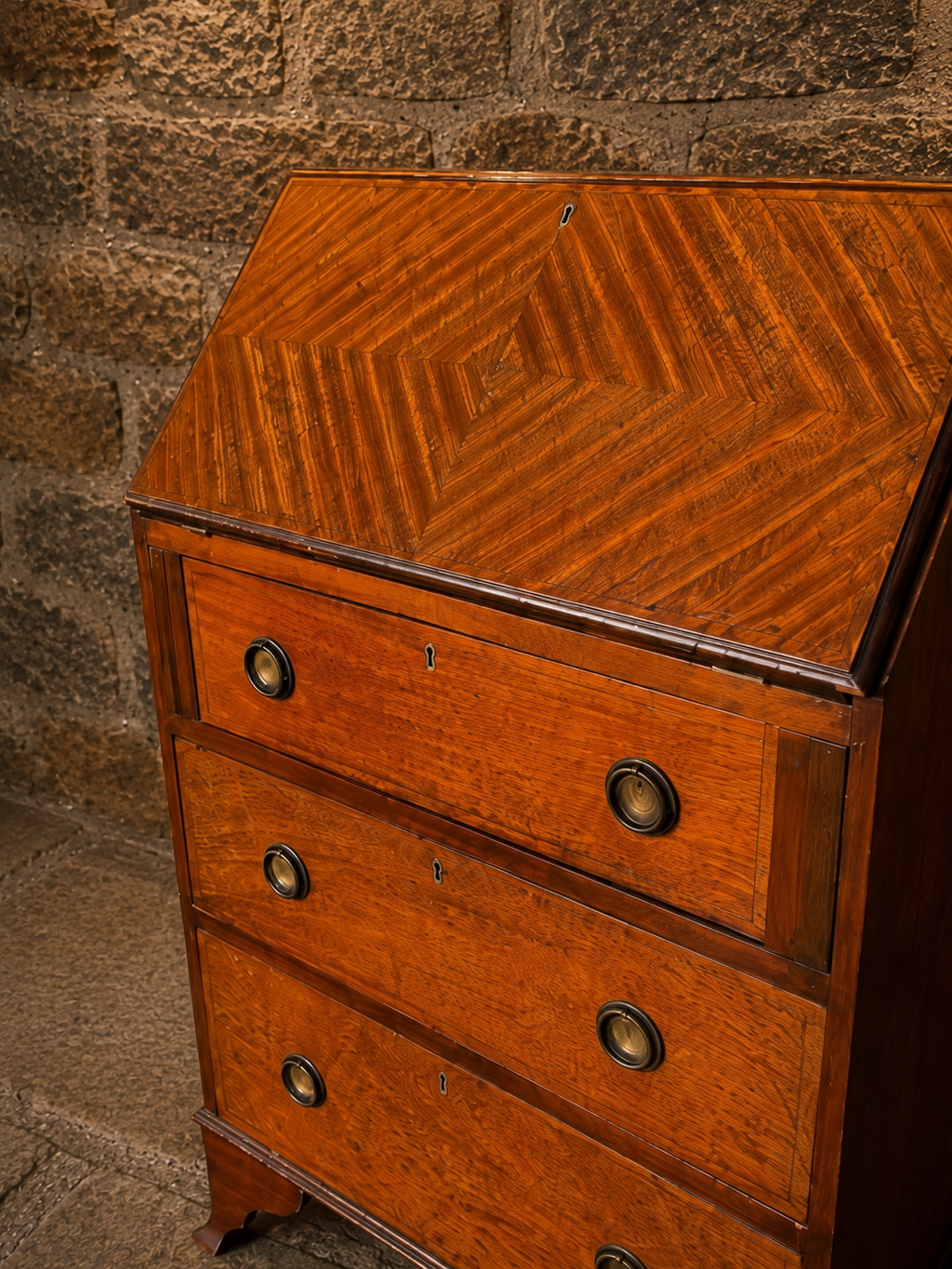 Antique Edwardian Bureau Writing Desk – Geometric Veneered Fall Front – Circa 1920