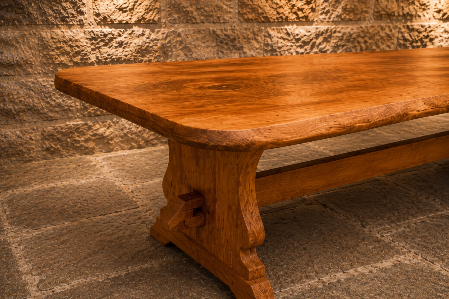 Vintage Solid Elm Refectory Coffee Table | English Farmhouse Trestle Coffee Table | Rustic Country Living Room Table