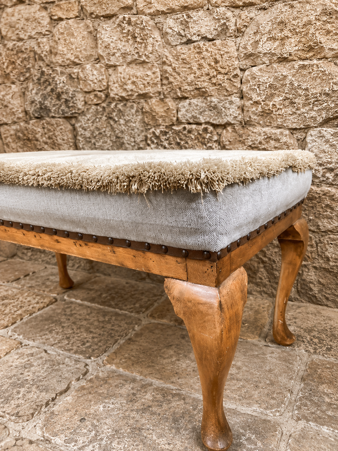 Vintage Queen Anne Style Upholstered Bench | Floral Needlepoint Piano Stool | Cottage Bedroom Seat | Traditional Footstool