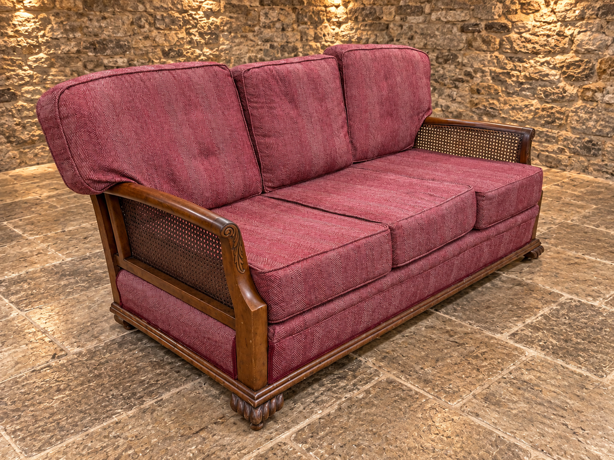 Antique Mahogany Bergère Three Seater Sofa – Cane Panel Country House Sofa, Circa 1920s