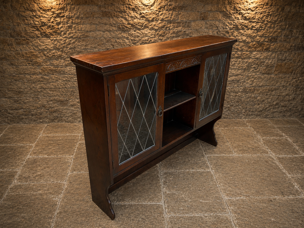 Jacobean Revival Oak Leaded Glass Sideboard | English Oak Drinks Cabinet | Country Farmhouse Display Cabinet