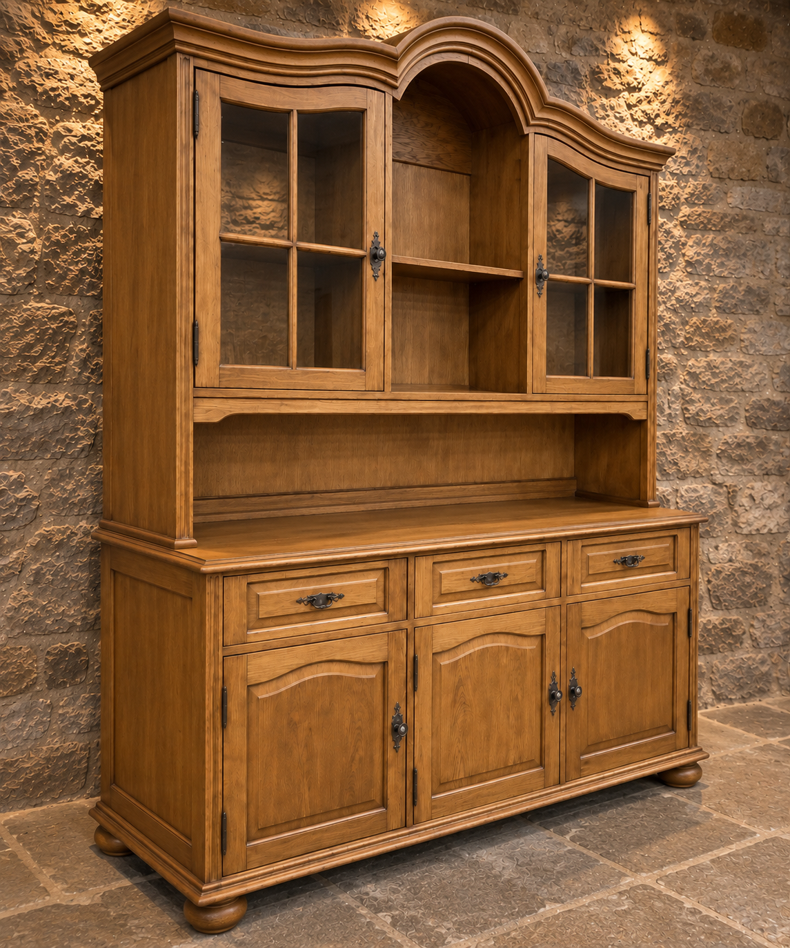 Vintage Solid Oak Country House Dresser – Large Glazed Display Cabinet