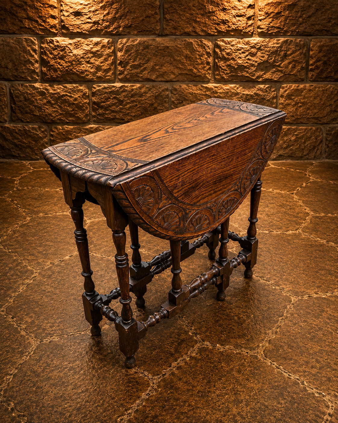 Antique Late Victorian Carved Oak Gateleg Table | Arts & Crafts Drop Leaf Occasional Table | Circa 1890–1910