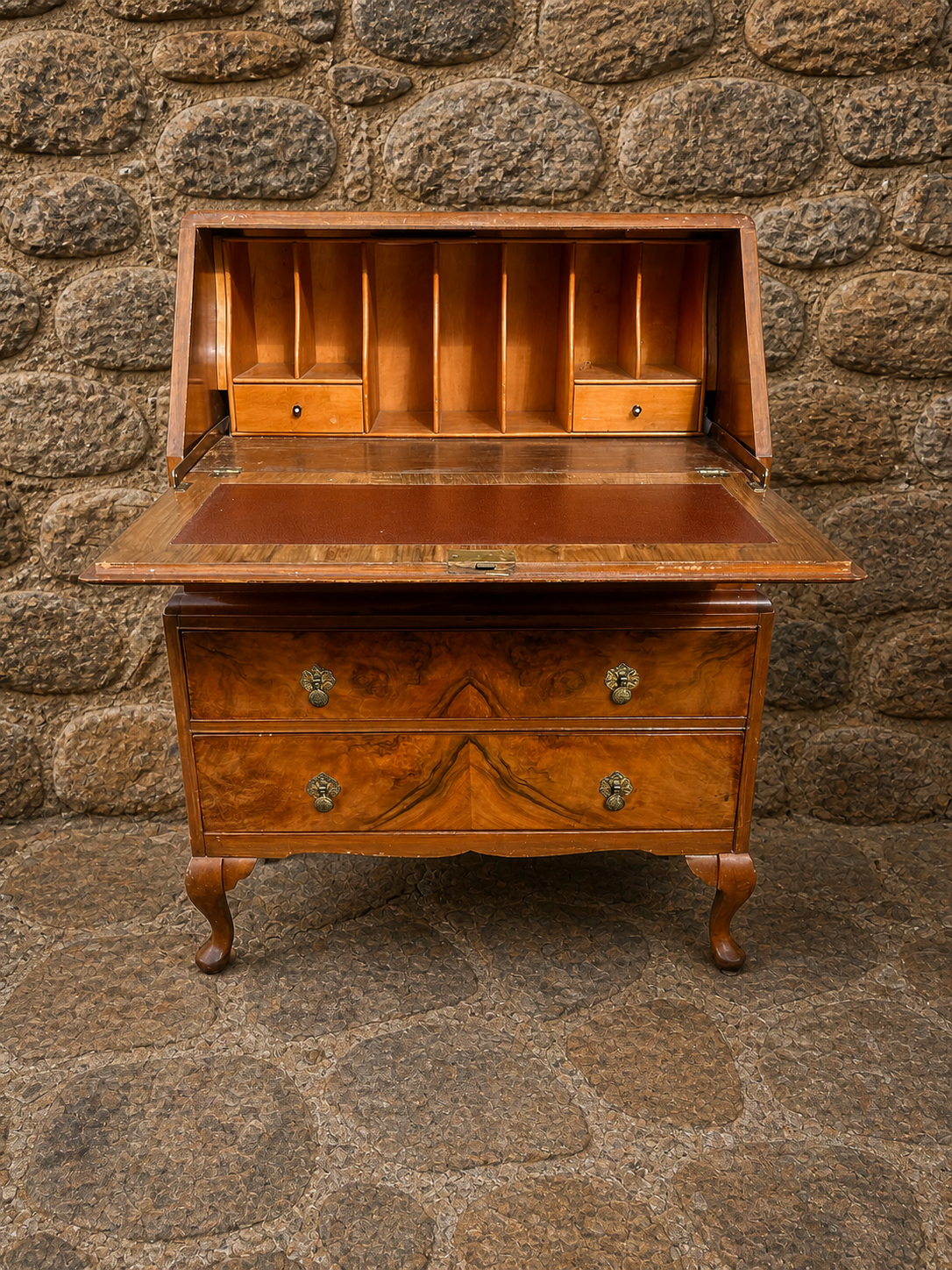 Burr Walnut Writing Bureau – Vintage Fall Front Desk