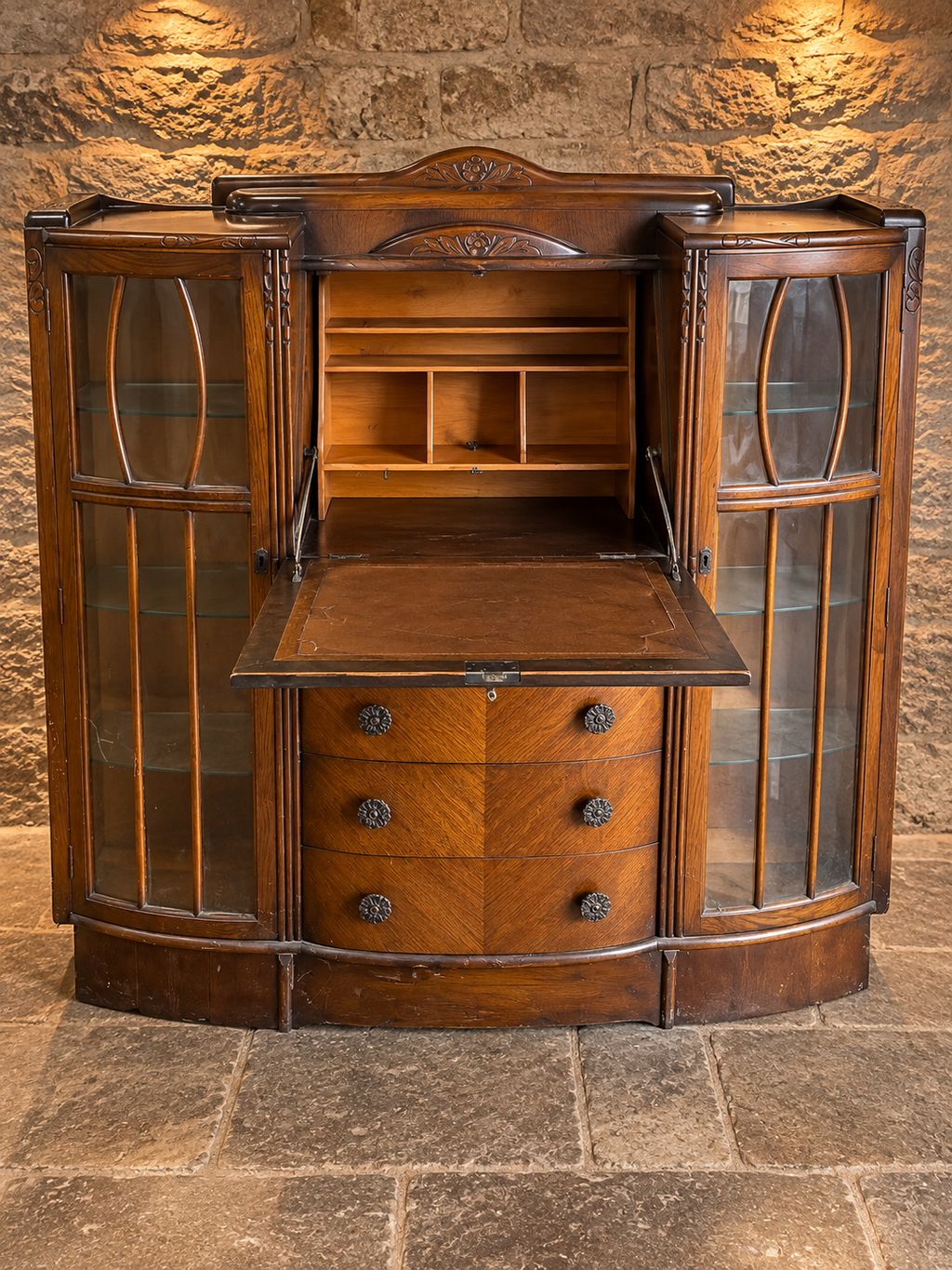 Antique Arts & Crafts Oak Side-by-Side Bureau Bookcase – Art Nouveau Display Cabinet c.1900