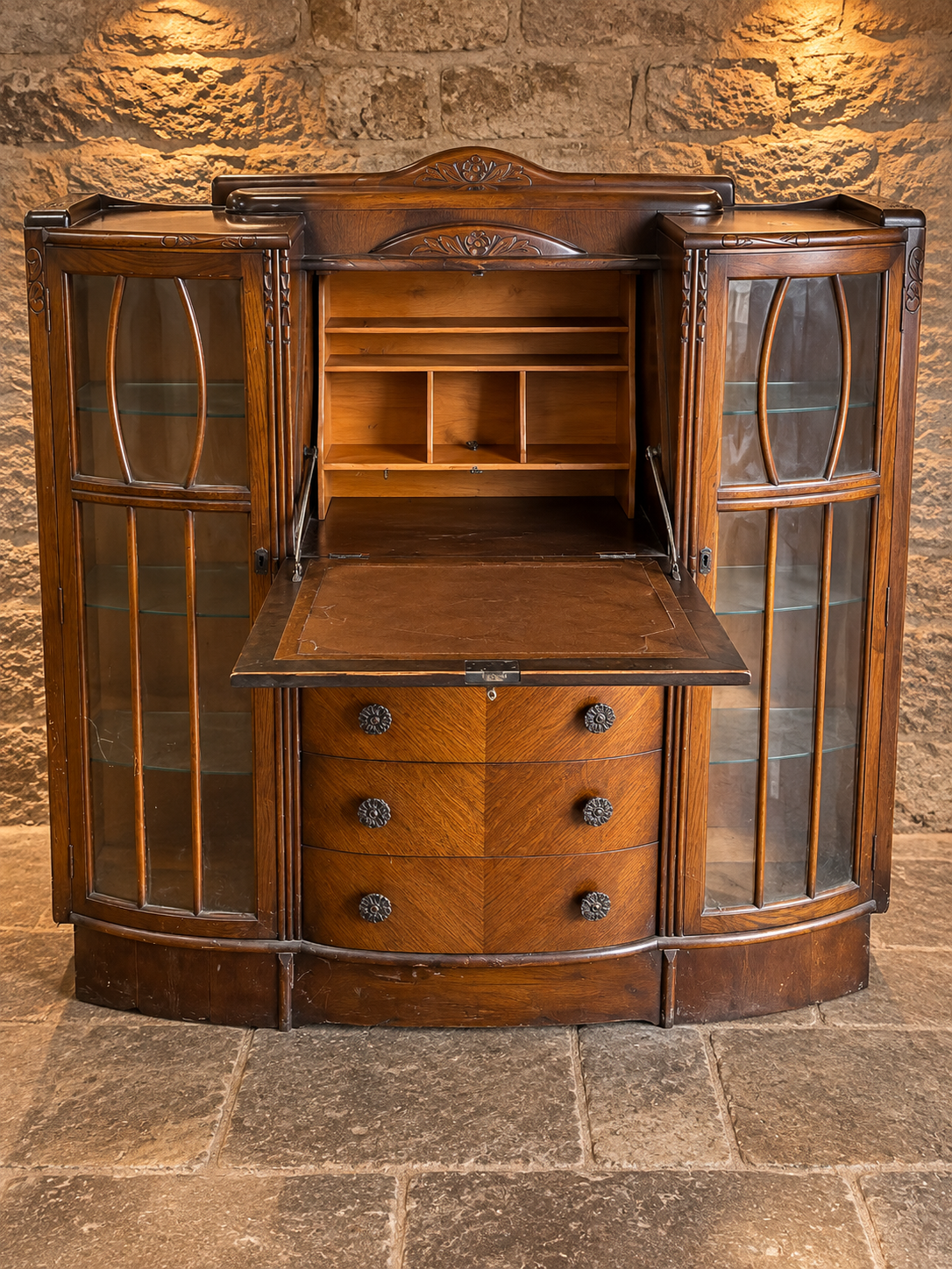 Antique Arts & Crafts Oak Side-by-Side Bureau Bookcase – Art Nouveau Display Cabinet c.1900