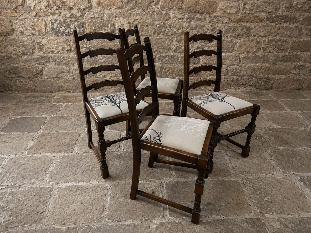 Set of 4 Vintage French Oak Ladderback Dining Chairs