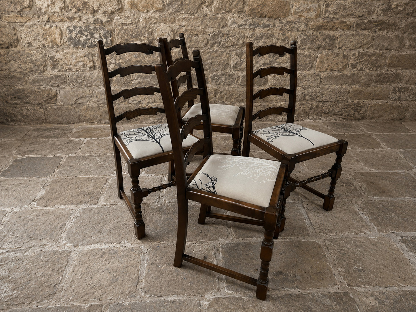 Set of 4 Vintage French Oak Ladderback Dining Chairs