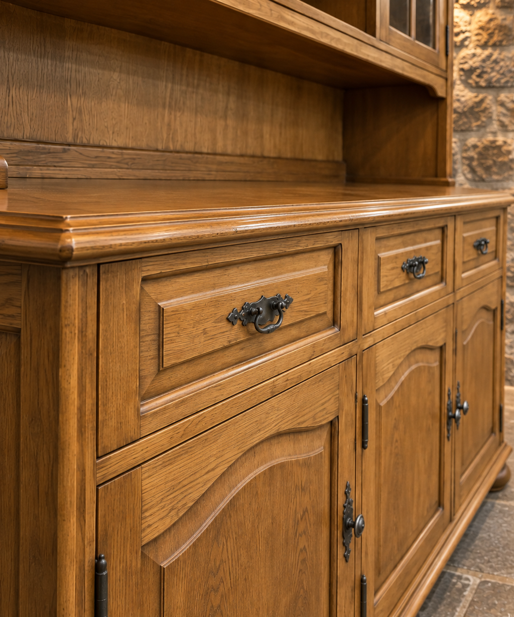 Vintage Solid Oak Country House Dresser – Large Glazed Display Cabinet