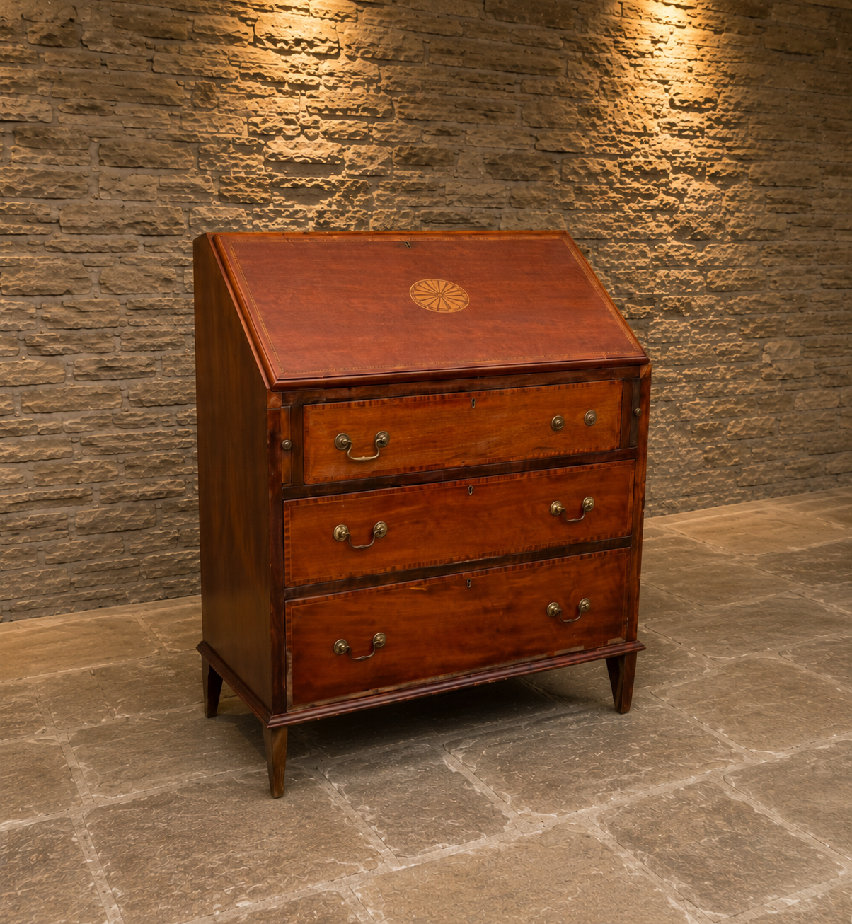 Georgian Style Mahogany Bureau | Flame Mahogany Writing Desk | Satinwood Inlaid Fall Front Secretary Desk | Fitted Interior