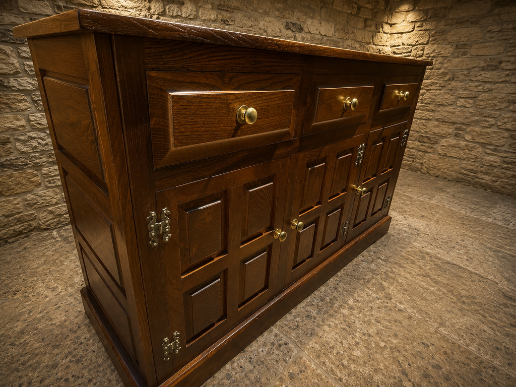 Jacobean Revival Solid Oak Sideboard | Vintage English Oak Buffet Cabinet | Rustic Farmhouse Sideboard | Large Country House Storage Cabinet